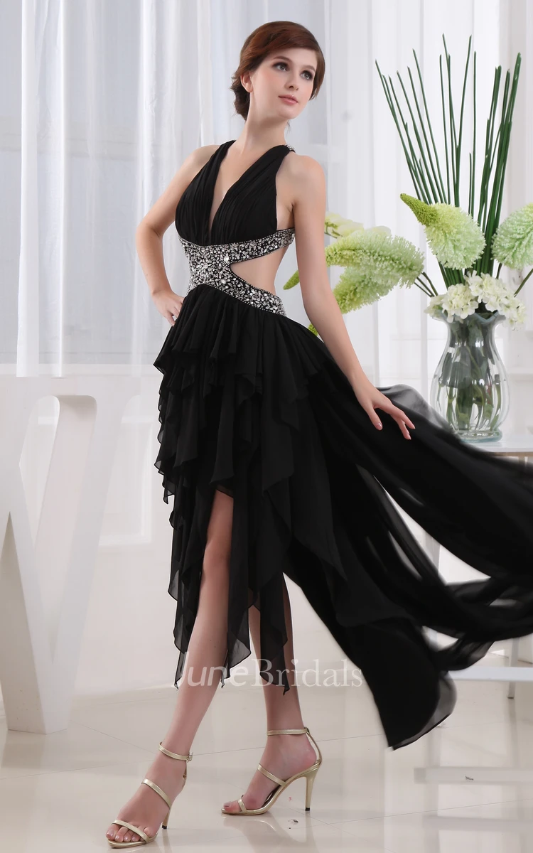 Plunged Sleeveless High-Low Dress With Beading and Cascading Ruffles