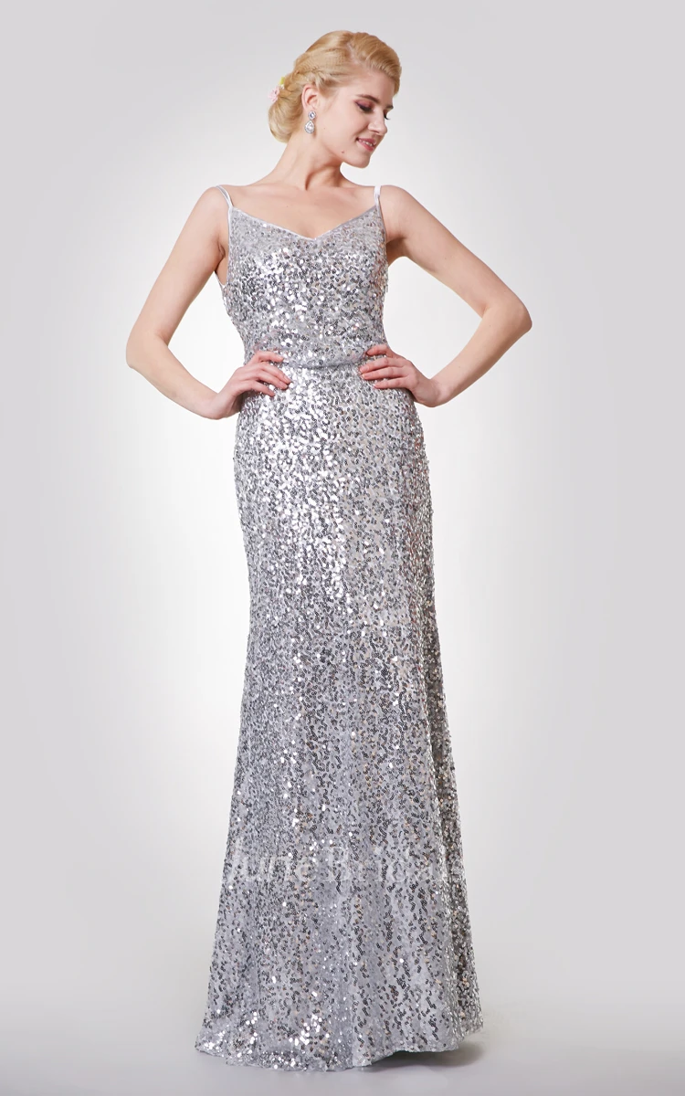 Sexy Spaghetti Straps A-line Sequined Gown With Draped Back