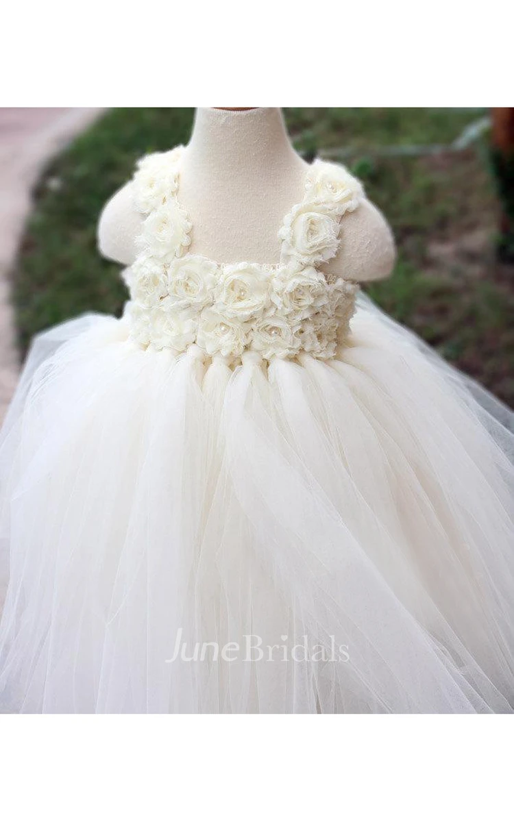 Stunning Sleeveless Flower Bust Pleated Tulle Gown With Bow Sash