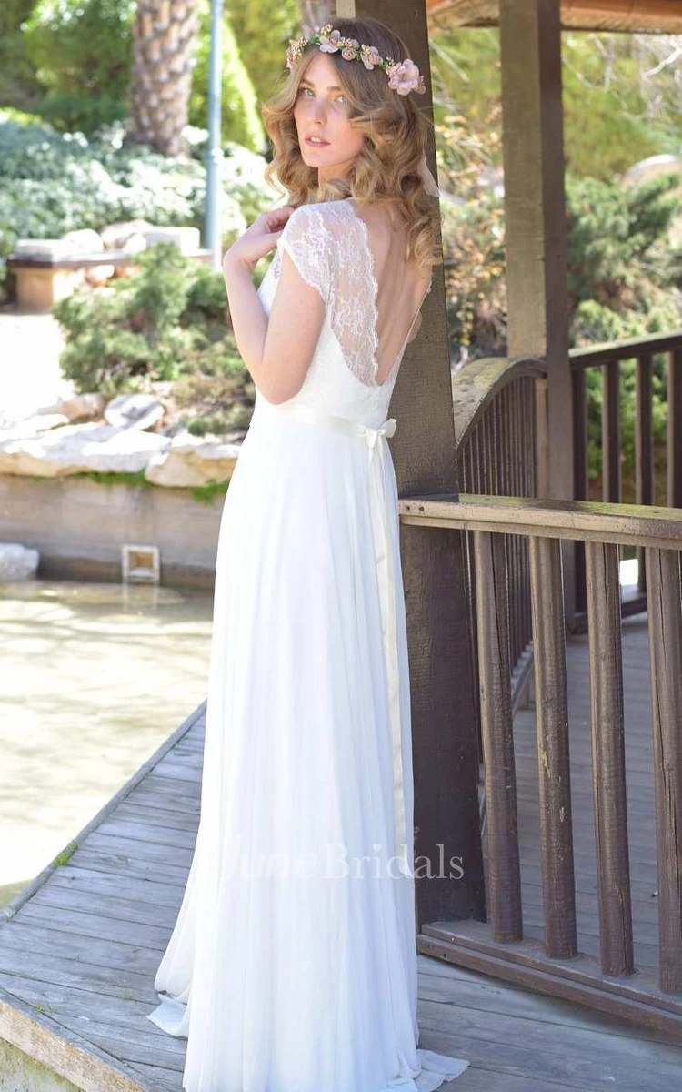 Plunged Lace Cap-Sleeve Chiffon Lace Appliqued Wedding Dress With Ribbon
