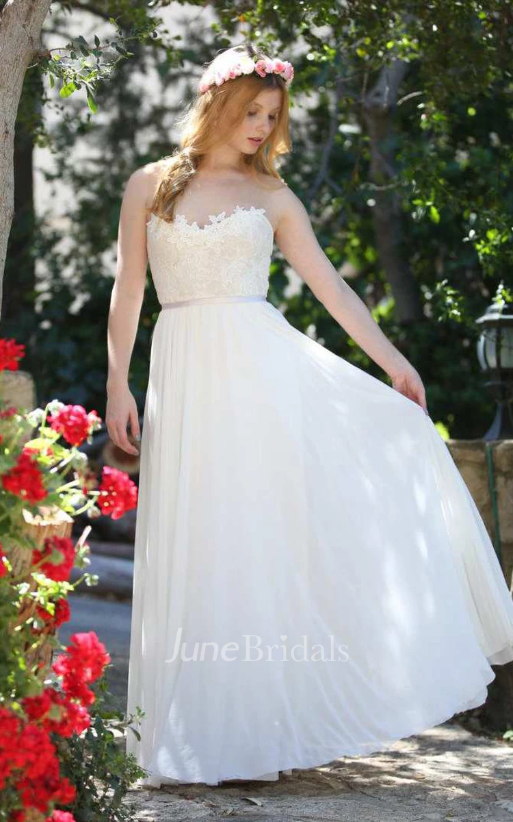 Illusion Strapless Chiffon Floor-Length Wedding Dress With Appliques