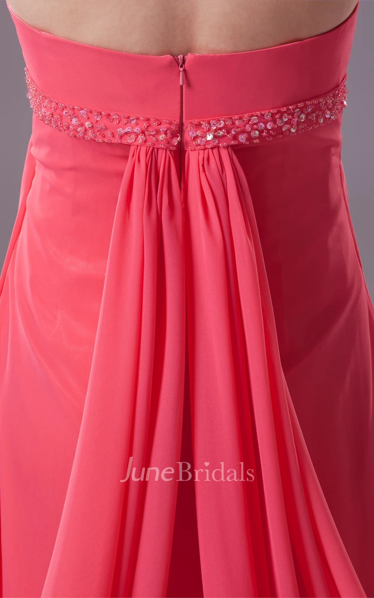 Strapless Central-Ruched Chiffon Maxi Dress with Beading and Empire Waist