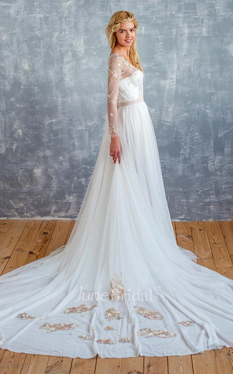 Illusion Long Sleeve Tulle A-line Floor-length Wedding Dress With Appliques