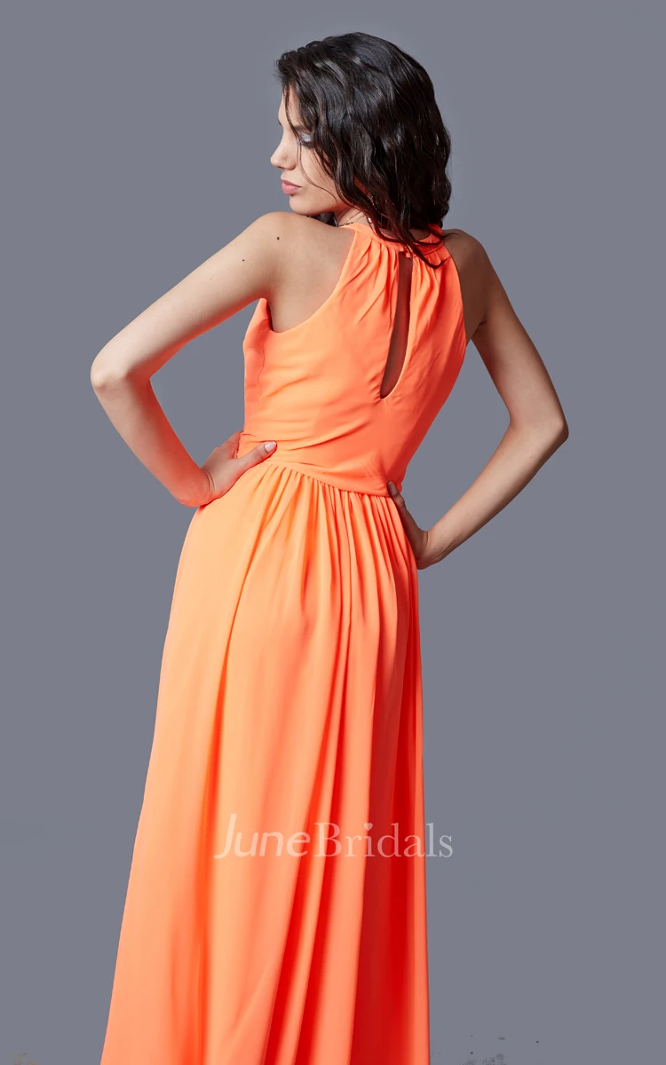 A-line Sleeveless Pleated Chiffon Gown With Beaded Detail Neckline