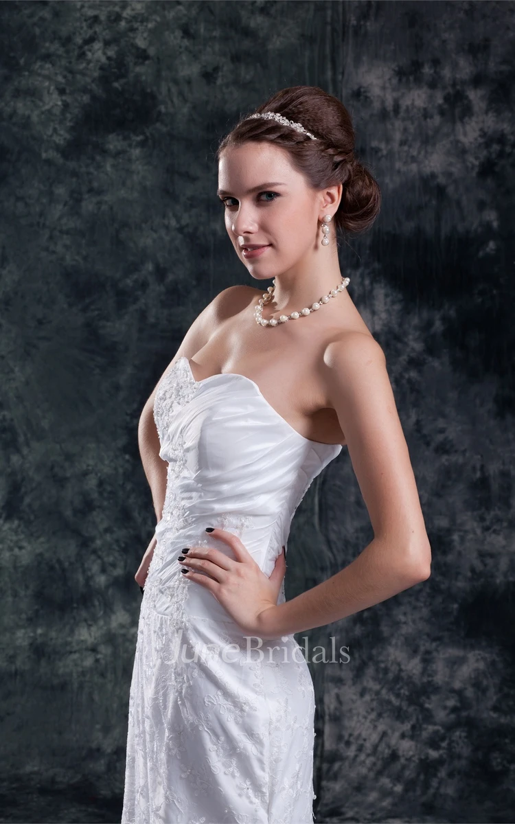 exquisite ruched sheath sweetheart dress with sweep train and lace