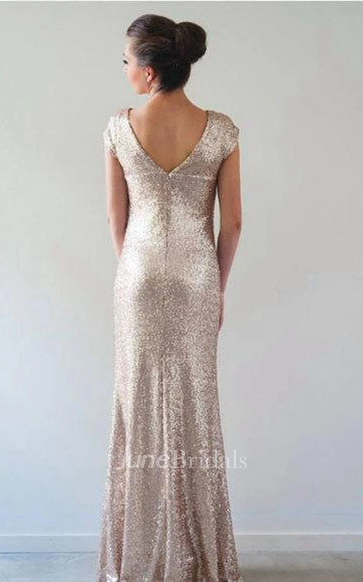 Sequined Cap Sleeve Floor-Length Dress With Low-V Back
