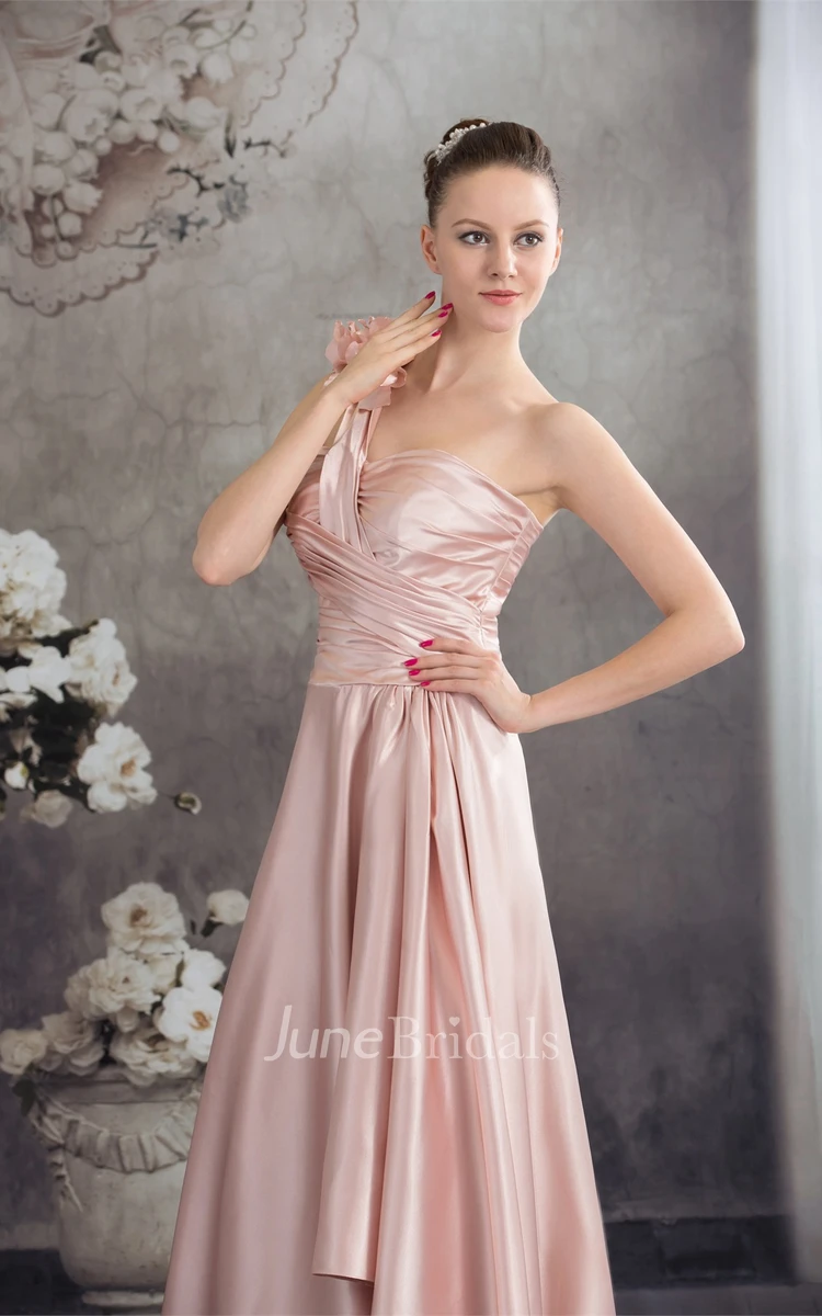 Sleeveless High-Low Pleated Dress with Ruching and Floral Epaulet
