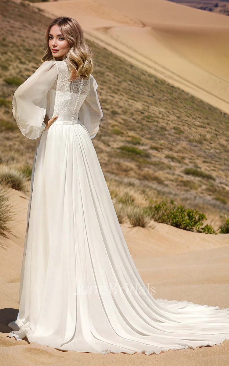 Modest Long Sleeve Casual Rustic A-Line Bateau Neck Wedding Dress Gowns with Train