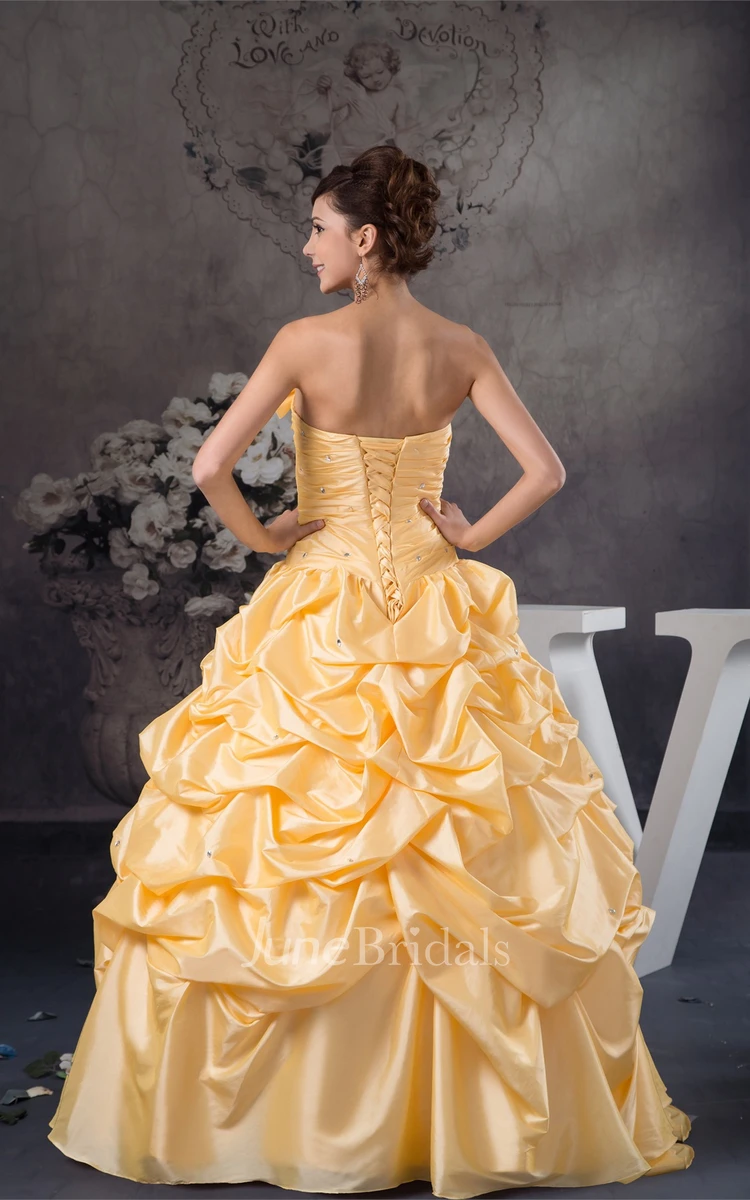 Strapless Ruched Pick-Up Ball Gown with Bow and Bolero