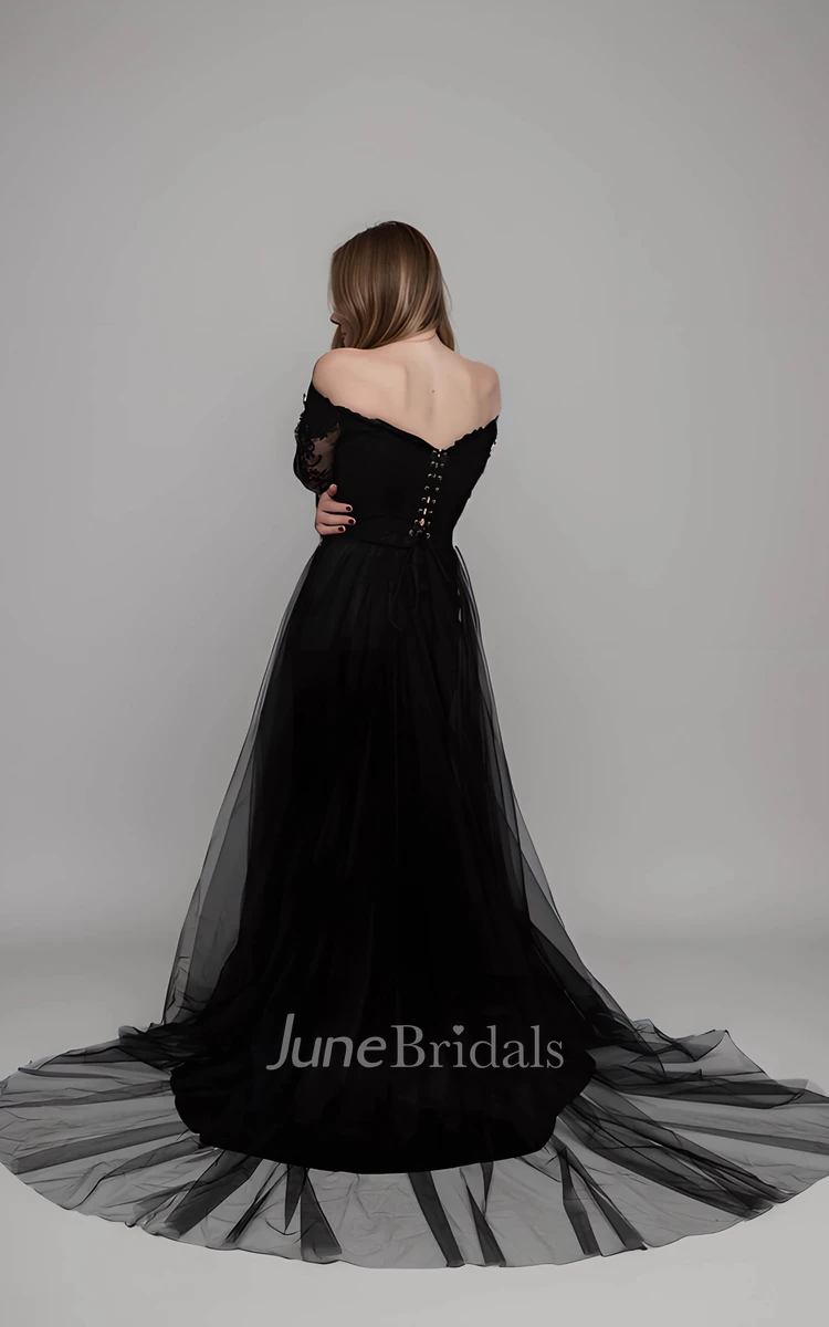 Modest Detachable Gothic Black A-Line Boho Lace Wedding Dress Elegant Side Slit Illusion Sleeves Court Train Bridal Gown