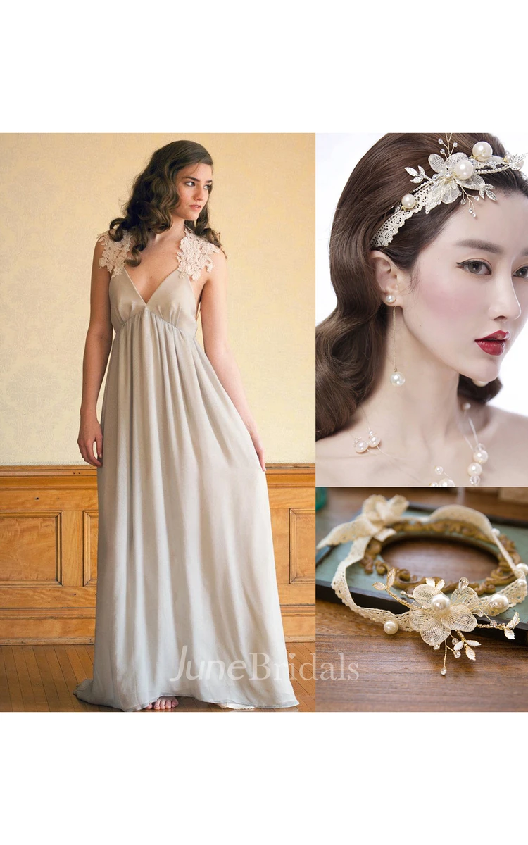 V-Neck Sleeveless Backless Long Chiffon Wedding Dress With Ruching and Korean Rhinestone Lace Collar Hair Band