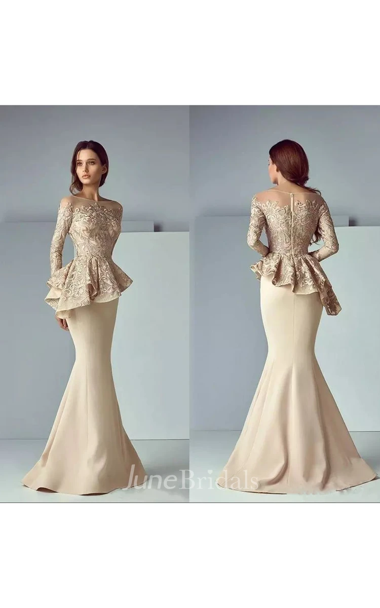 Mermaid Bateau T-shirt Long Sleeve Floor-length Satin Lace Mother of the Bride Dress with Ruffles