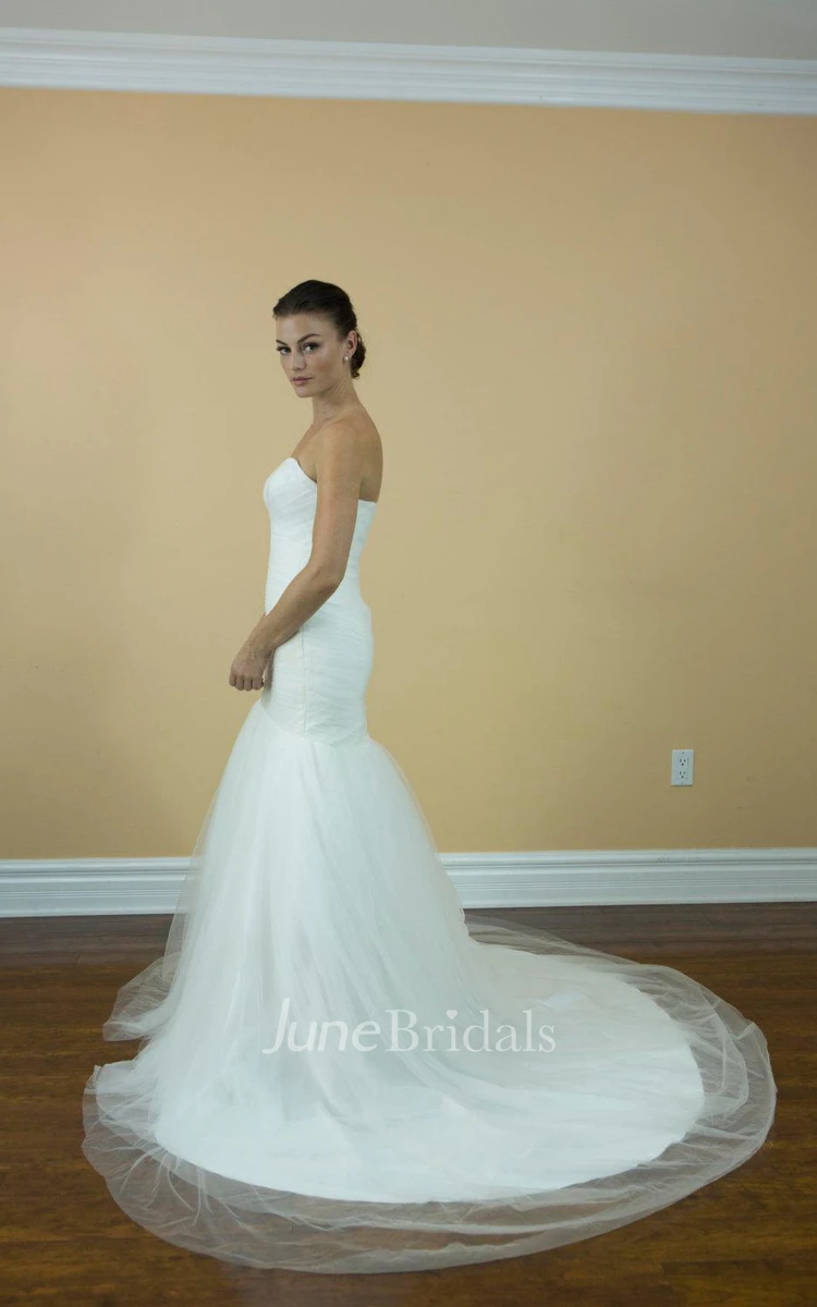Simple Tulle Mermaid Wedding Dress With Ruching and Train
