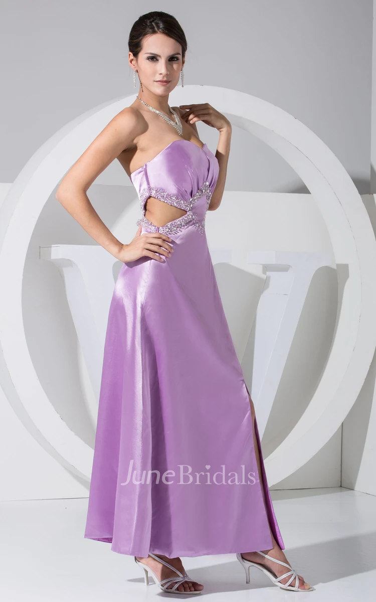 Strapless Front-Split Ankle-Length Dress With Beading and Keyhole