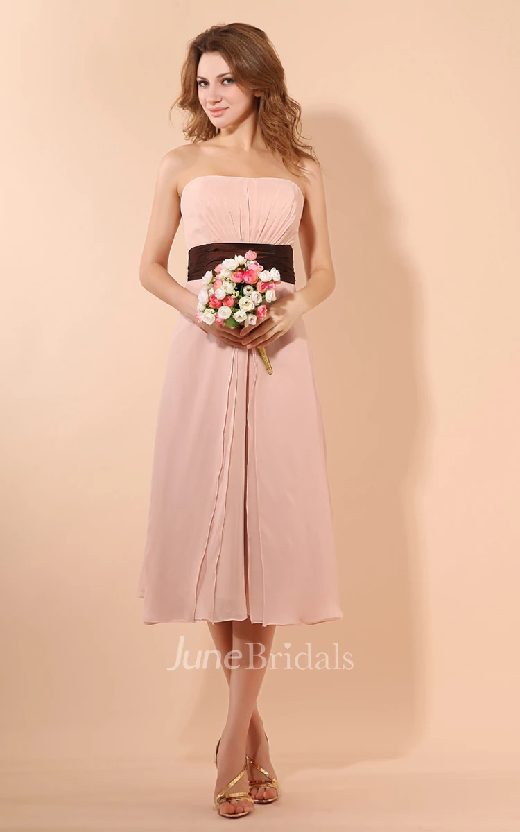 Strapless Tea-Length Dress With Ruching And Ruffle Waist