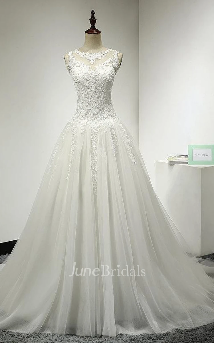 A-Line Tulle Bridal Gown With Lace Bodice and Dropped Waist