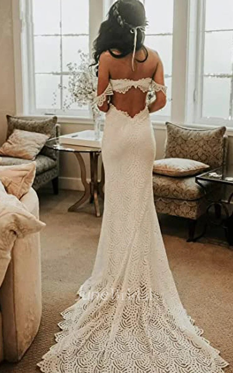 Mermaid Lace Off-the-shoulder Wedding Dress Casual Elegant Romantic Garden With Open Back And Short Sleeves And Split Front