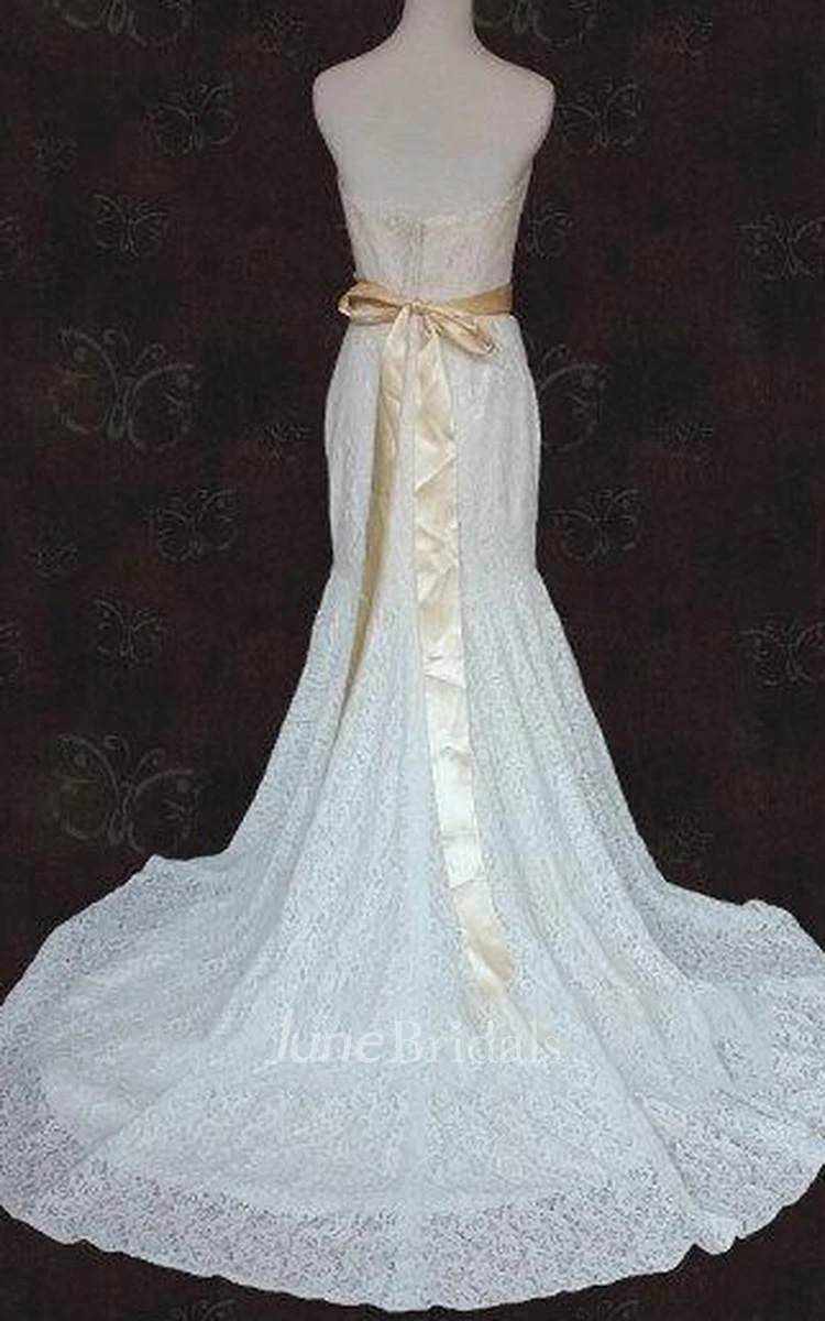 Sweetheart Backless Sheath Long Lace Wedding Dress With Sash And Flower