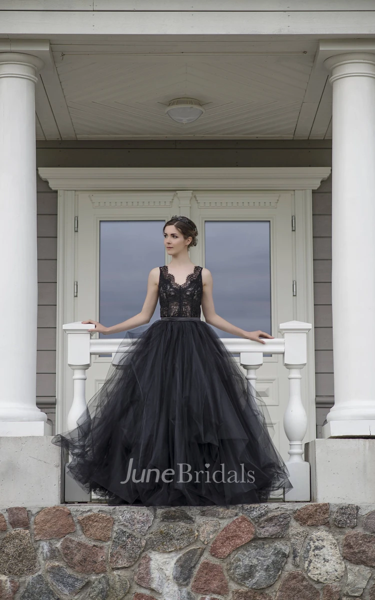 A-Line Straps Floor-length Sleeveless Low-V Back Lace With Ruffles Sash/Ribbon Black Wedding Dress