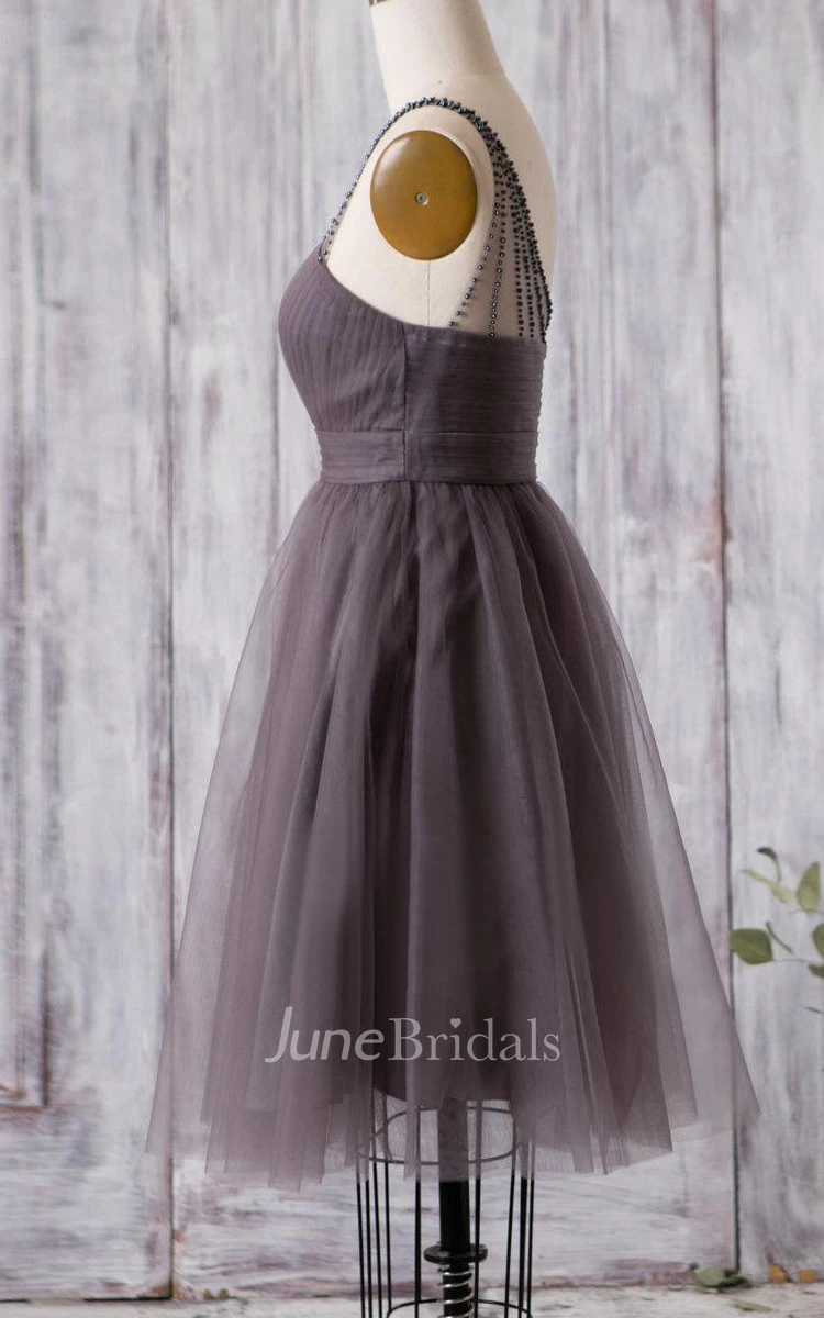 Beaded Single Strap Sweetheart A-line Pleated Tulle Knee Length Dress