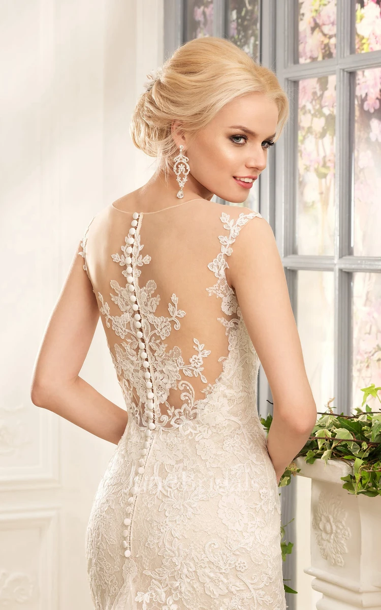 Sheath Long Bateau Cap-Sleeve Illusion Lace Tulle Dress With Appliques And Pleats
