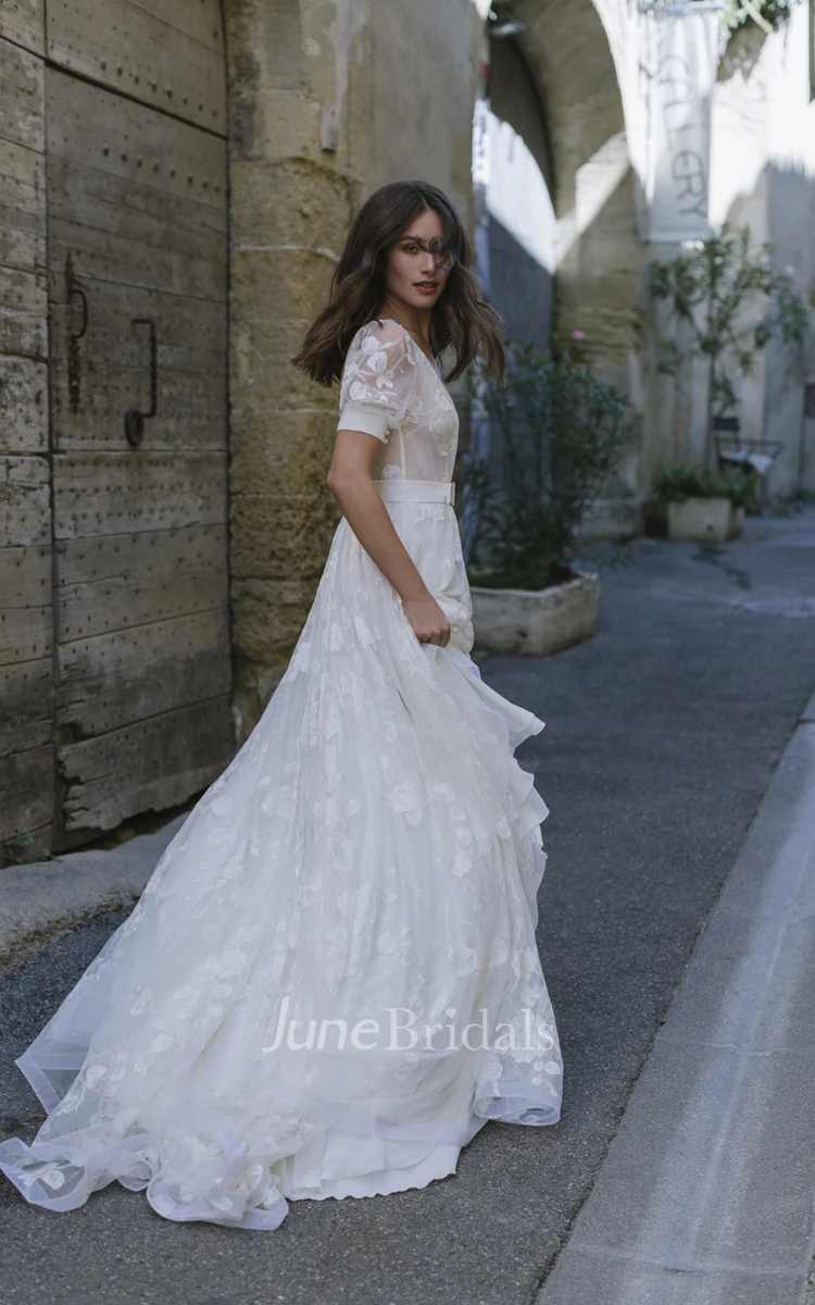 Ethereal Tulle Plunging Neck Half Sleeve Long Bridal Gown