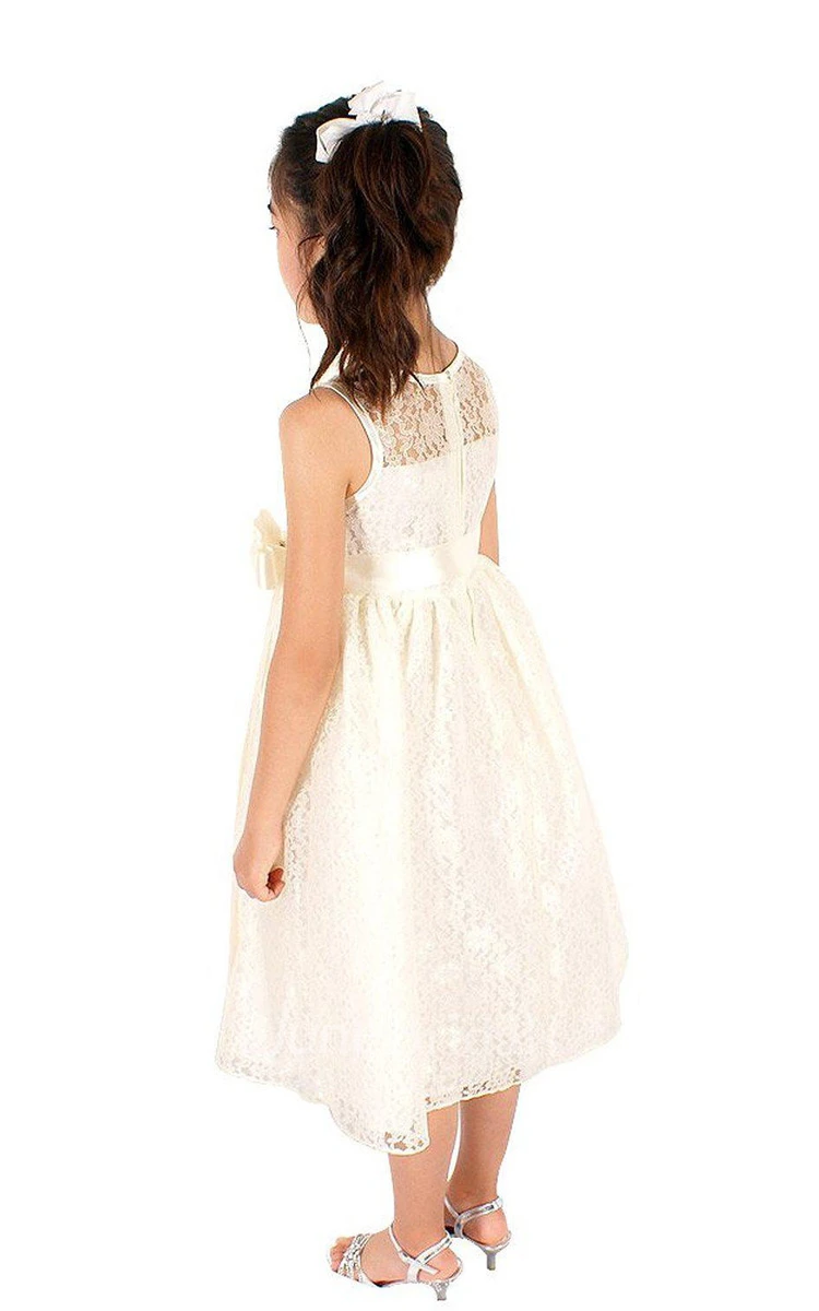 Sleeveless A-line Lace Dress With Flower and Illusion Neck