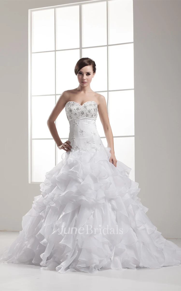 Strapless A-Line Appliqued Gown with Jewels and Ruffles