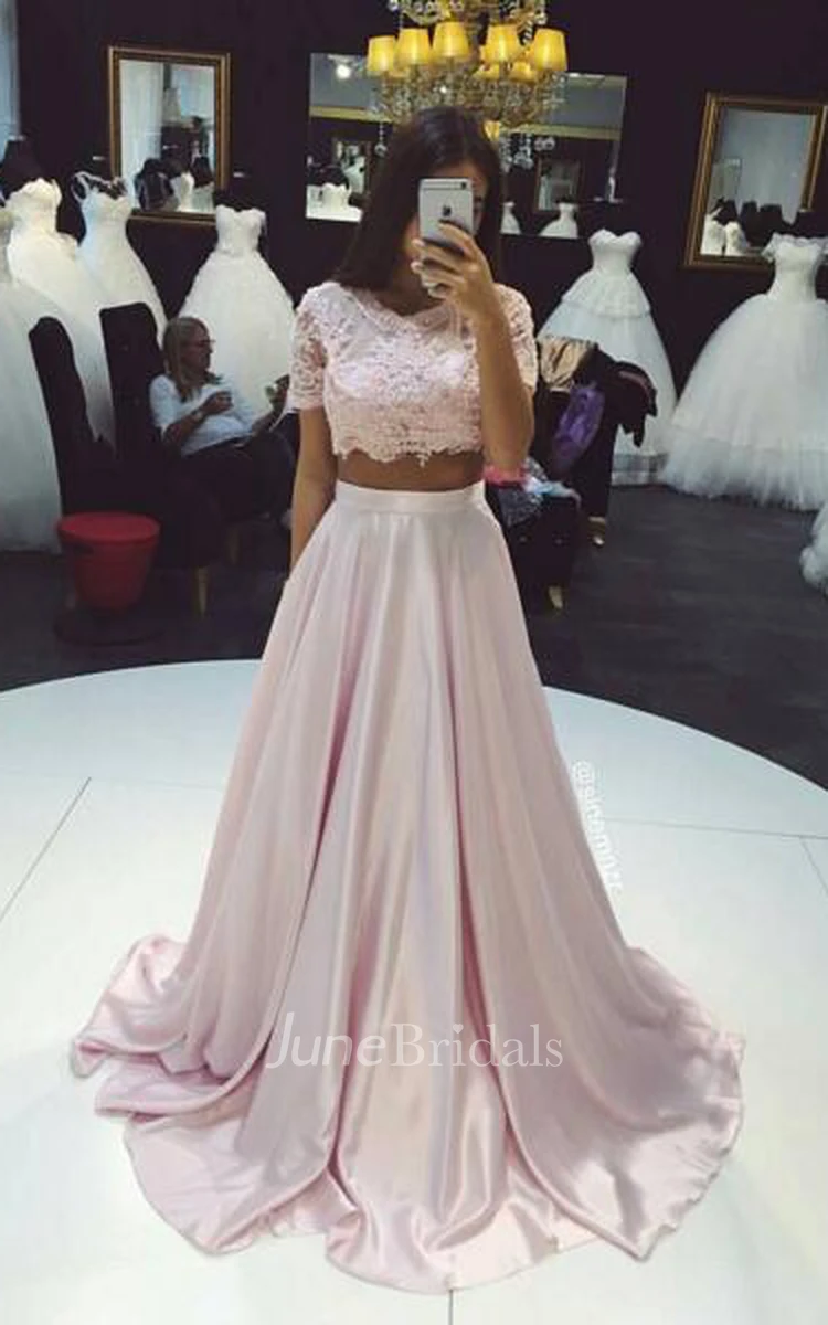 Beautiful Two Pieces Short Sleeve Prom Dresses Lace A-Line Party Gown