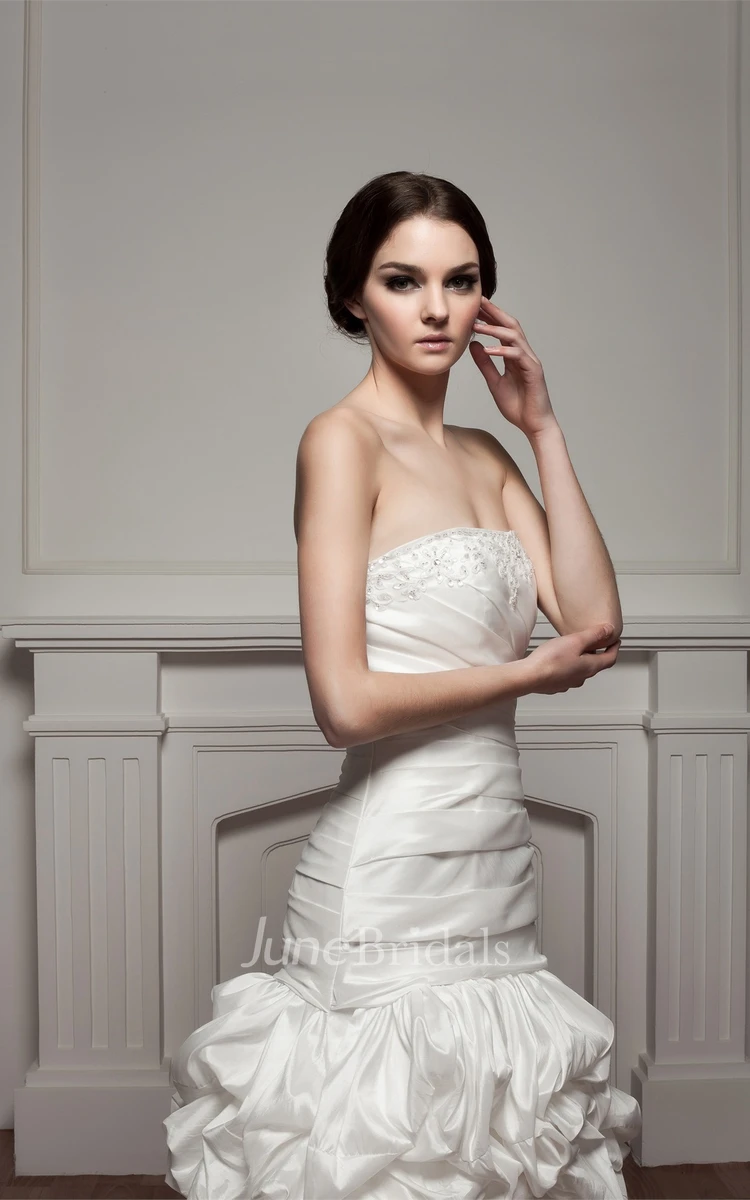 Strapless Ruched Pick-Up Gown with Pleats and Beading