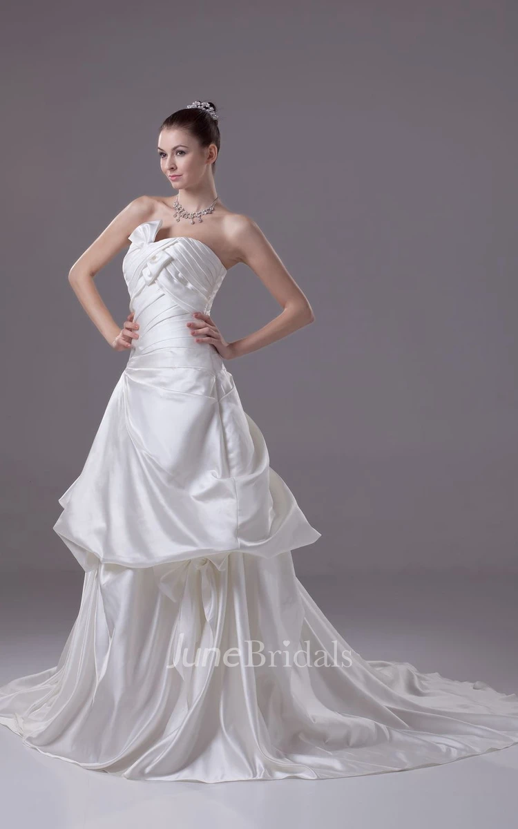 Strapless A-Line Ruched Gown With Bow and Pick-Up Design