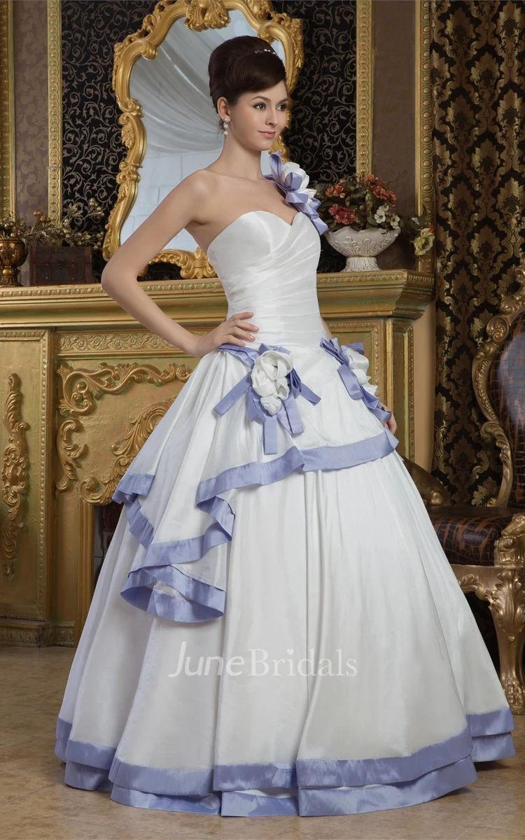 One-Shoulder Criss-Cross Ball Gown with Flower and Draping