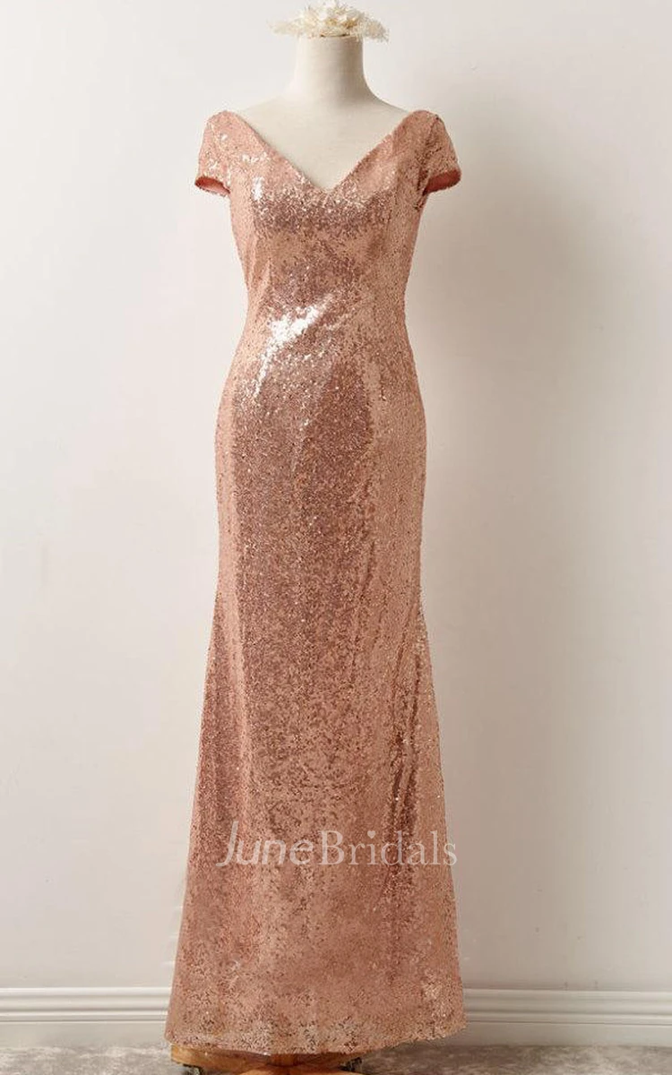 Short Sleeve Sequins Floor-Length Dress With Low-V Back