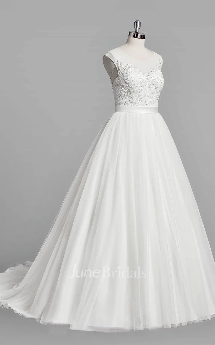 Scoop Neck Cap Sleeve A-Line Tulle Wedding Dress With Beaded Bodice