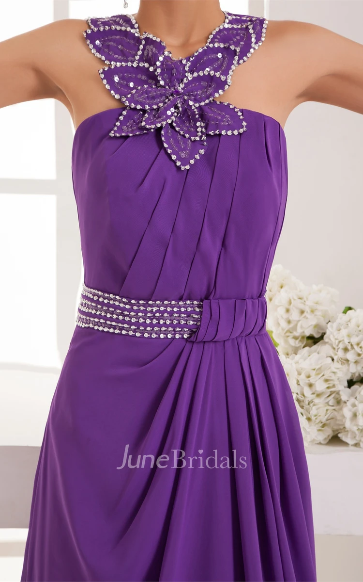 Chiffon Pleated Maxi Dress with Beading and Floral Embellishment