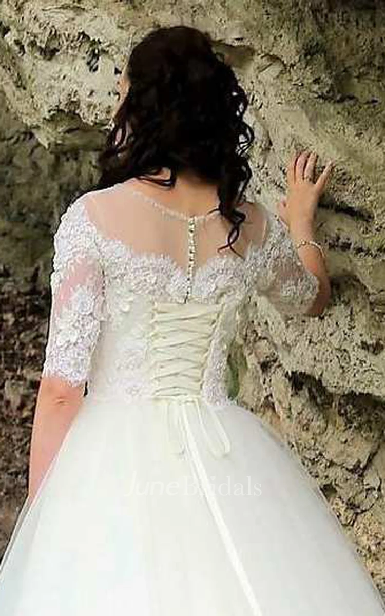 Bateau Illusion Half Sleeve Tulle A-Line Ball Gown Wedding Dress With Appliques