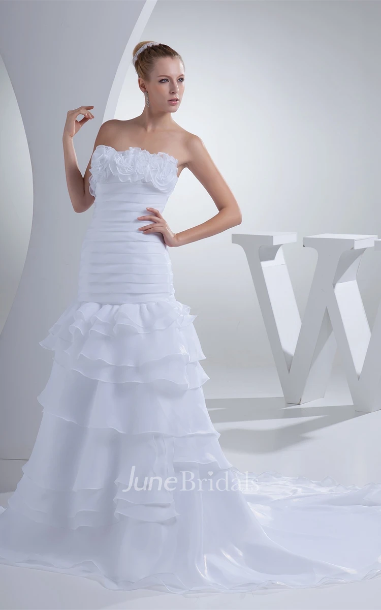 Strapless Ruched A-Line Dress with Tiers and Flower