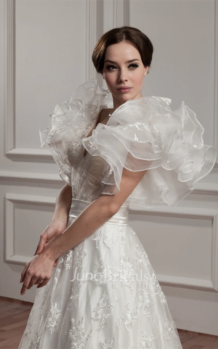 Plunged Ruffled A-Line Gown with Lace and Court Train