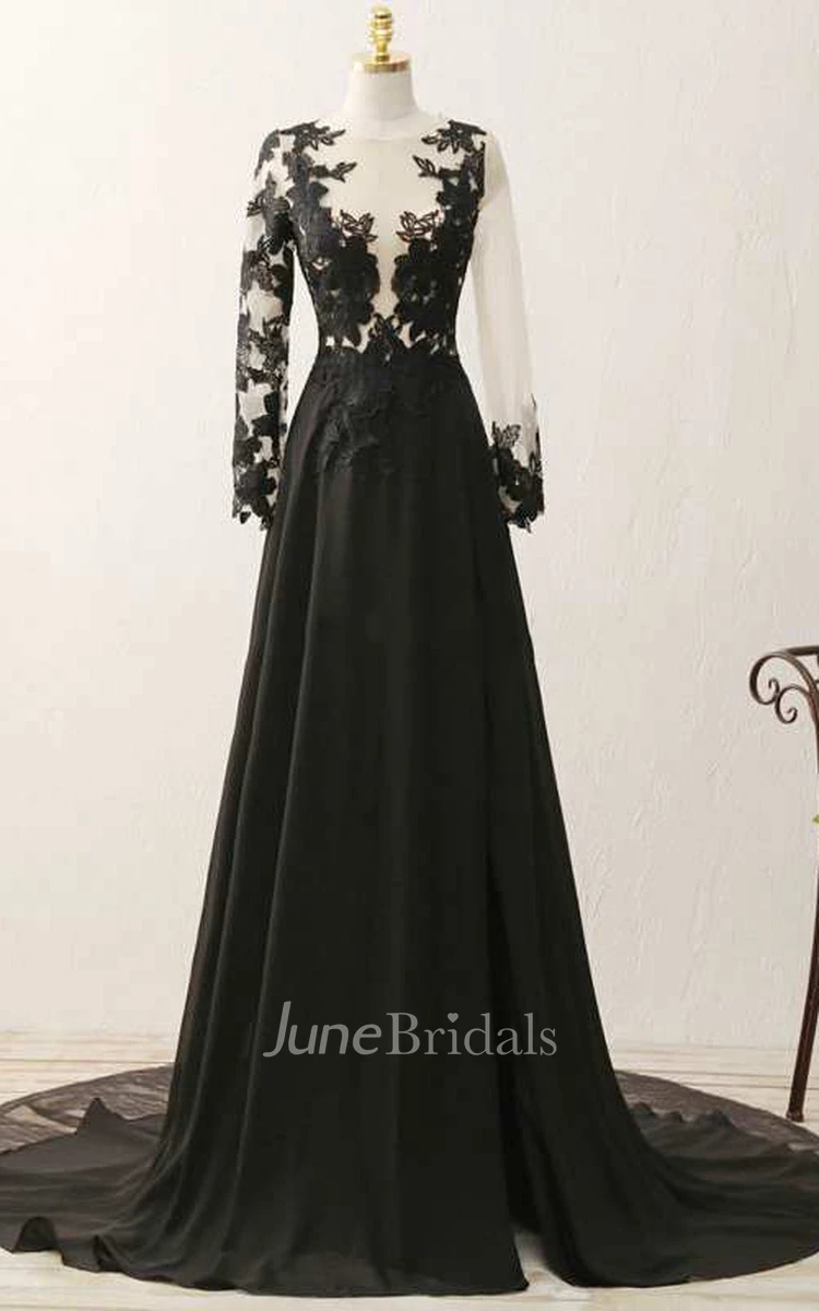 Illusion Lace Long Sleeve A-line Long Chiffon Gown