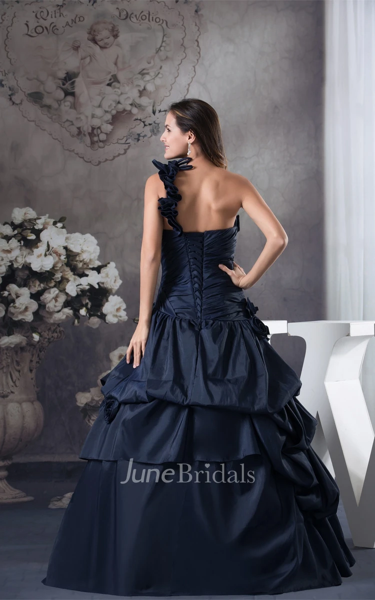 Sleeveless Pick-Up Ruffled Ball Gown with Ruching and Floral Strap