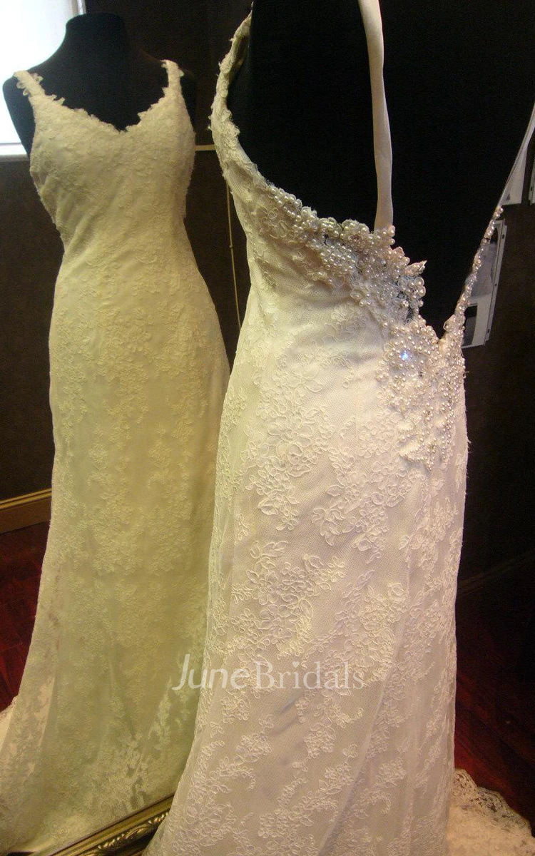 Backless Sheath Lace Wedding Dress With Beading And Straps Neck
