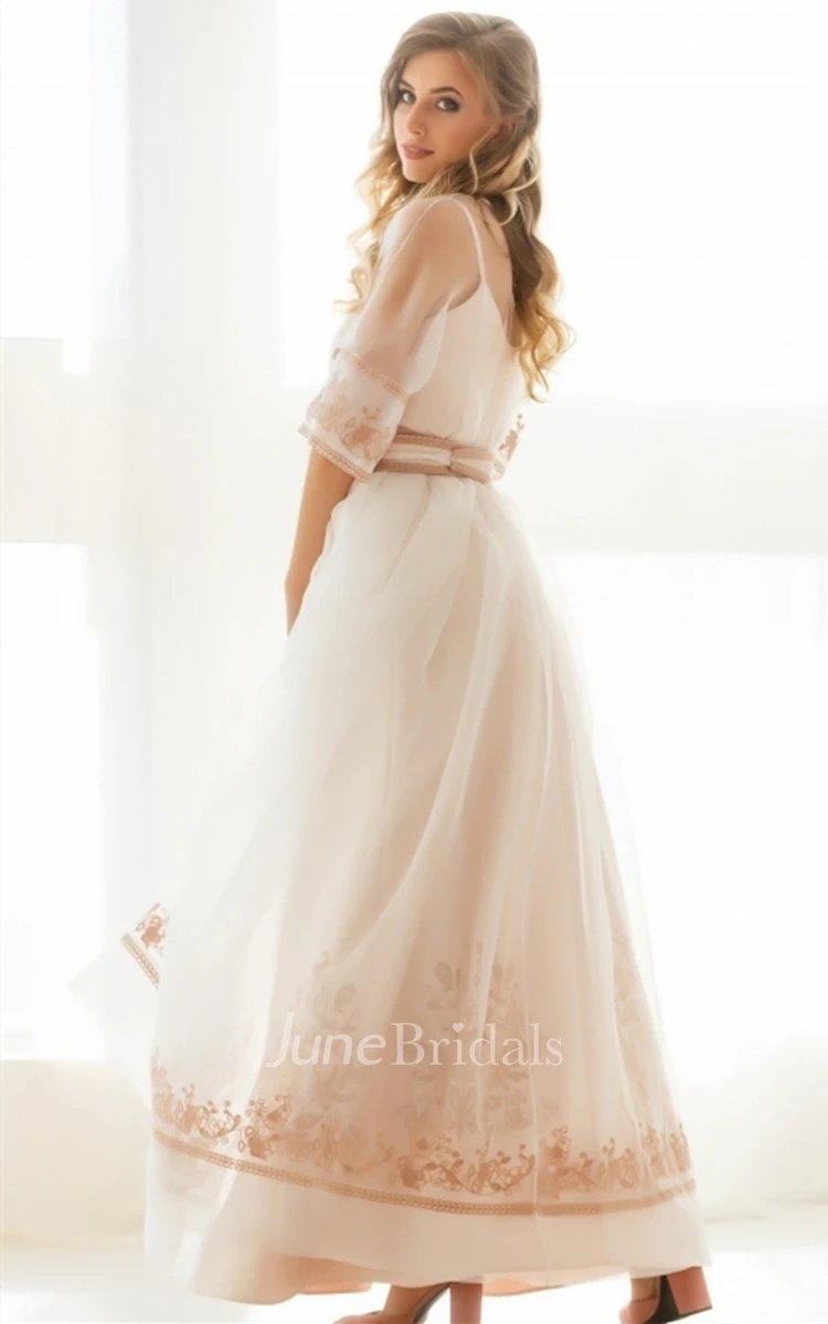 A Line Romantic Bateau Ankle-length Prom Dress with Sash