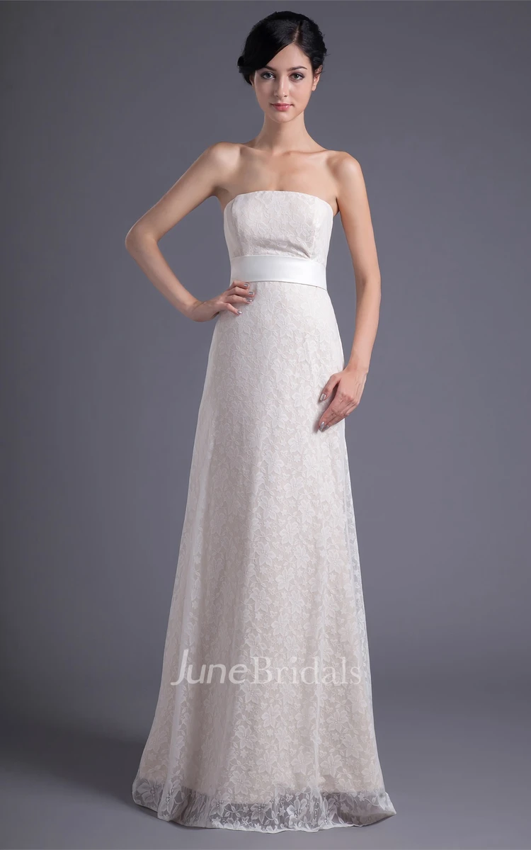 strapless sheath lace dress with cinched waist