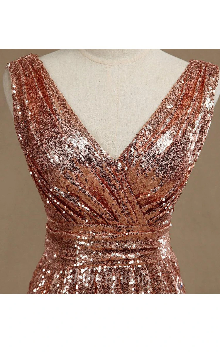 Rose Gold V Neck Back Bridesmaid Dress Luxury Full Length
