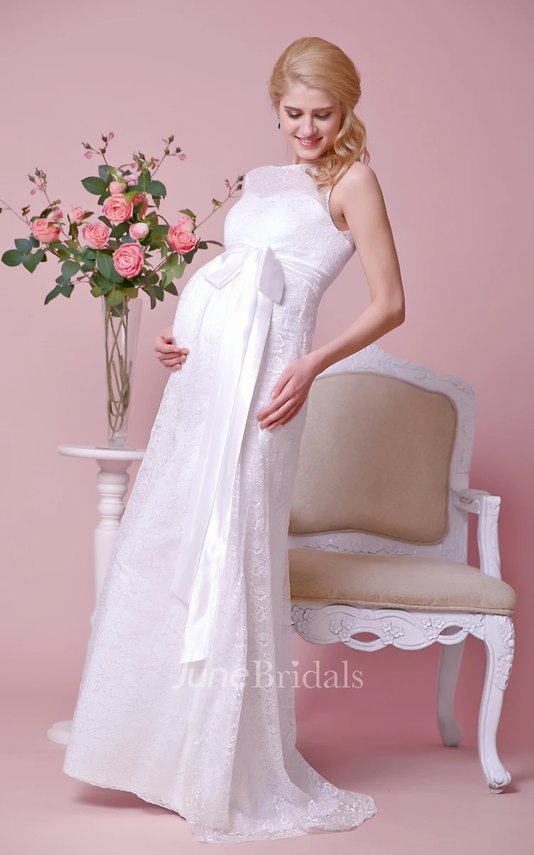 Allover Lace Illusion Bateau Neck Cap-Sleeved Maternity Wedding Dress With Satin Bow