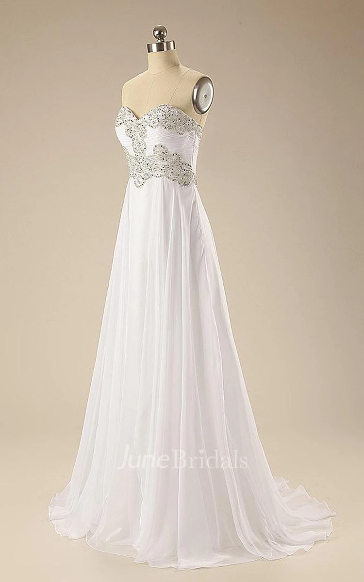 Simple Sweethert Crystal White Evening Pleat Chiffon Long Dress