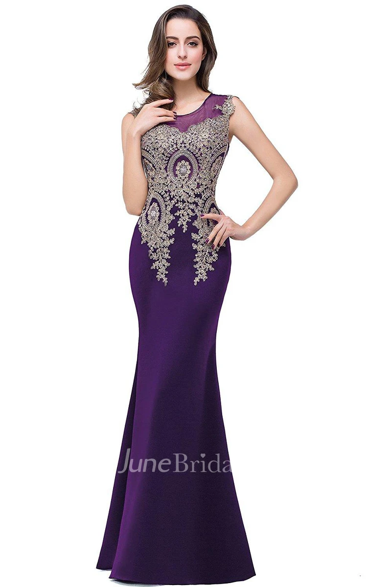 Stunning Sleeveless Satin Mermaid Lace Appliqued Dress