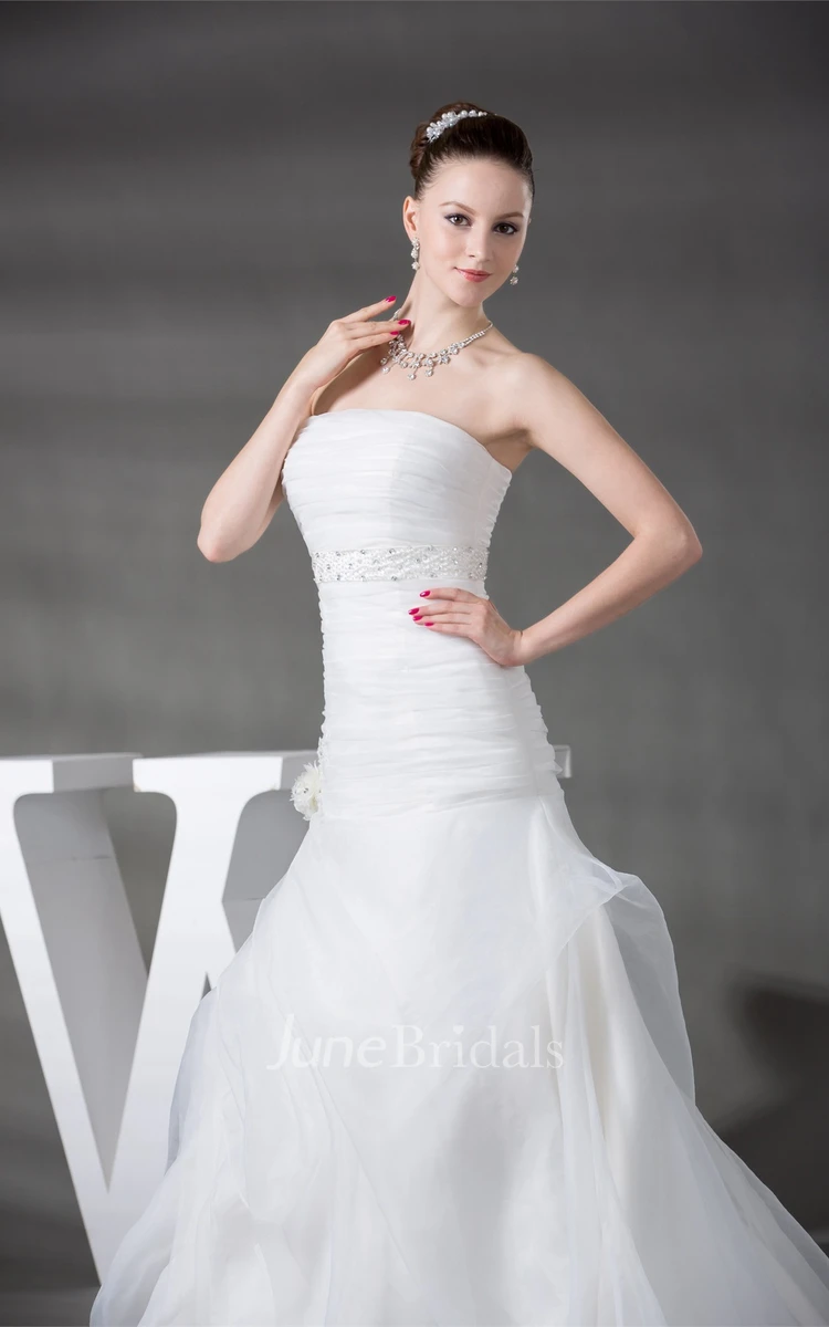 Strapless Ruched A-Line Gown with Flower and Gemmed Waist