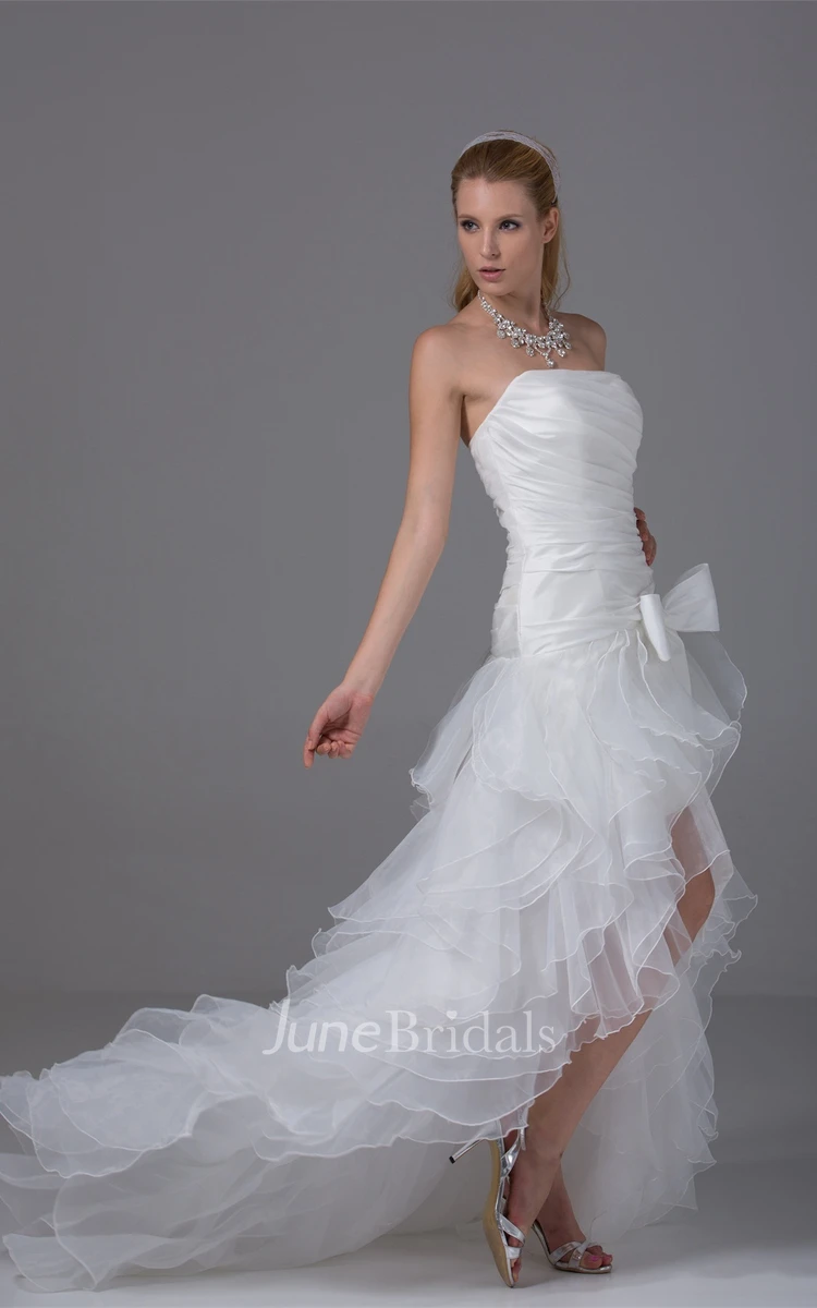 Strapless High-Low Ruffled Dress with Ruching and Bow