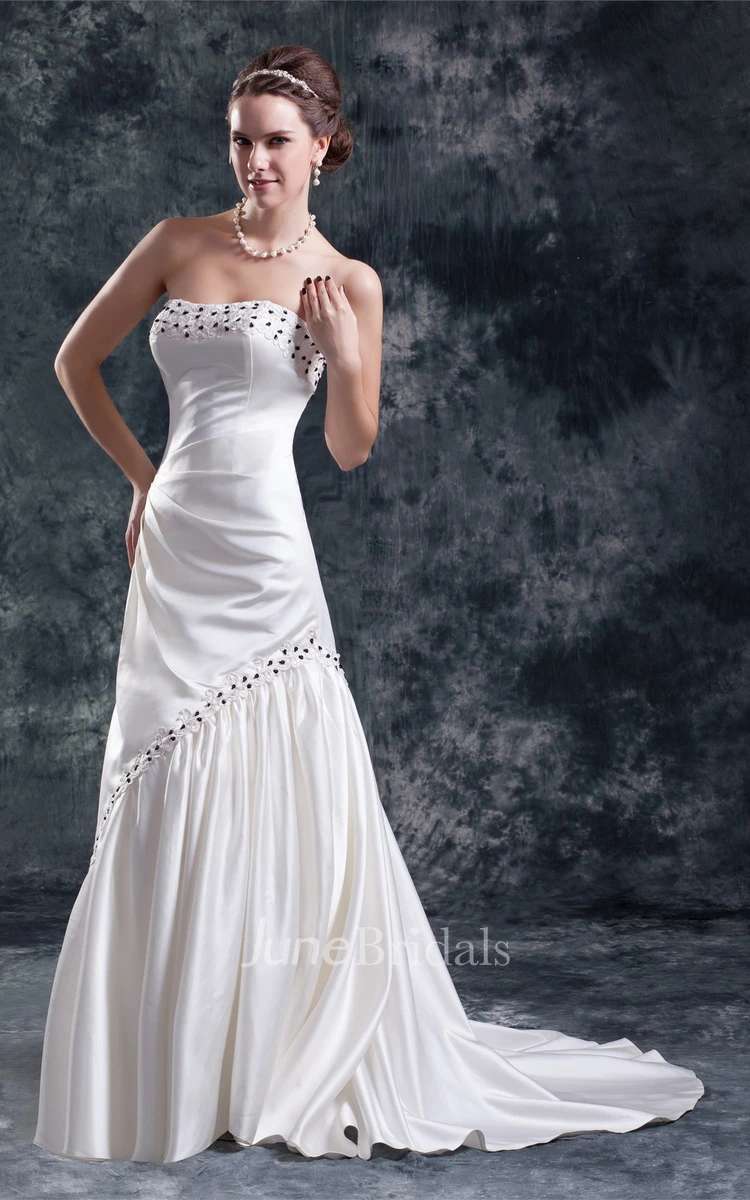 strapless draped a-line satin gown with appliques and beading